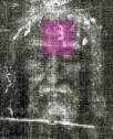 Le carr� violet en surimpresssion sur la face montre l'emplacement de l'agrandissement ci-contre. Comme il s'agit d'un n�gatif du Suaire, la gauche du visage est situ�e � droite de l'image.  (3382 octets)